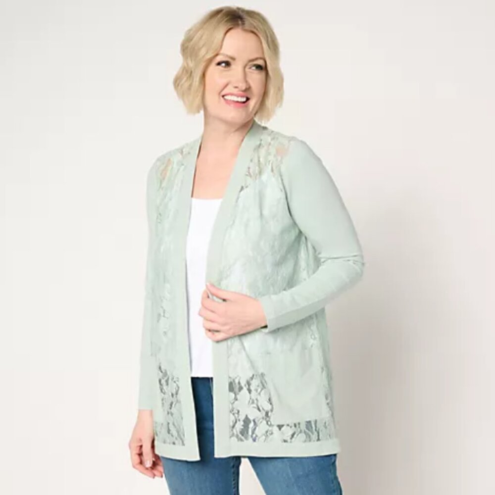 LOGO by Lori Goldstein Lace and Knit Open Front Cardigan XS